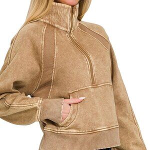 NWT Ladies Deep Camel Acid Washed Half Zip Long Sleeve Fleece Pullover - Small